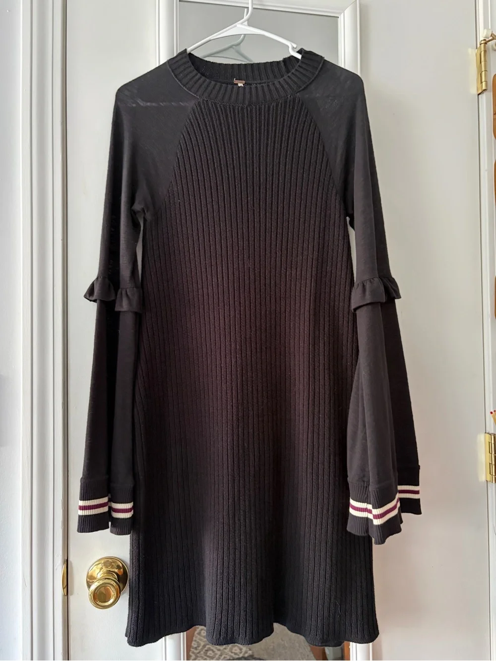 Free People Black Ribbed Long Sleeve Dress with Ruffle Cuffs